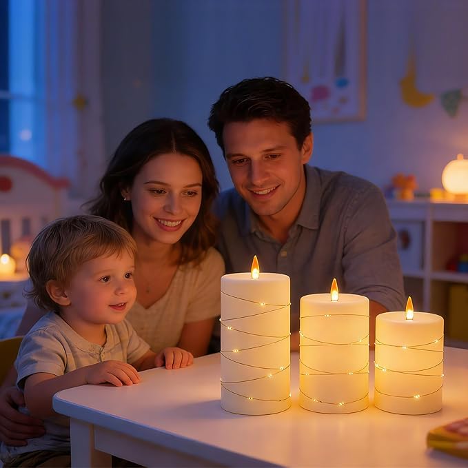Flickering flameless Candles, Battery-Powered, with String Lights, Remote Control, Timer, Realistic Plastic Pillar Candles, Ivory White, Set of 3, Durable.
