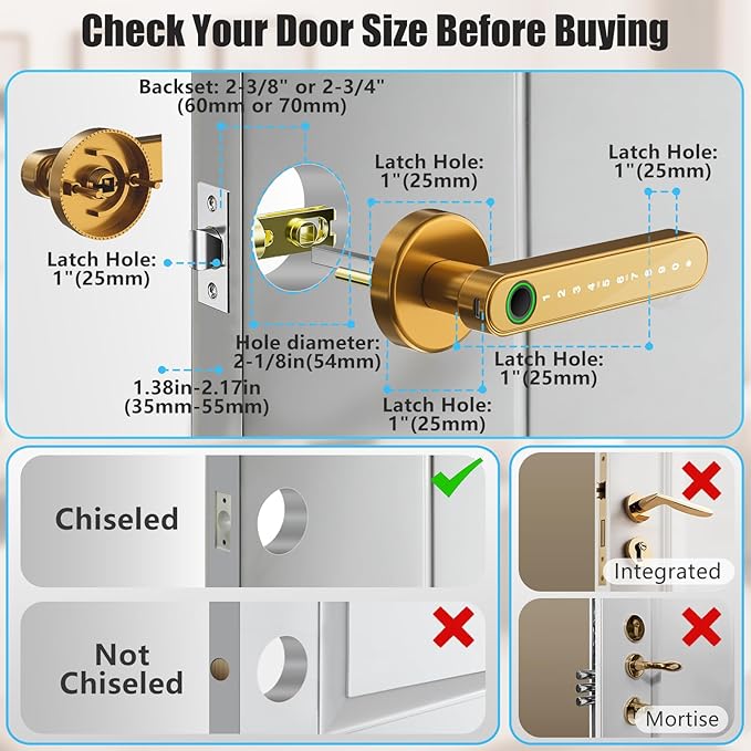 Fingerprint Door Lock Biometric Door Knob with Keypad Keyless Entry, Door Locks for Bedrooms, Home Hotel Office Apartment Gold