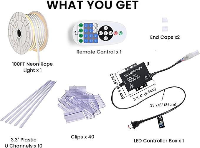 DELight AC 110-120V Waterproof IP65 Cozy 2700K Warm White 100ft Railing Neon Rope Lights with U Channel Remote Control Dimmable Cuttable Flexible LED Strip Lights Outdoor Patio Retro Vibe DEL-D1M100W
