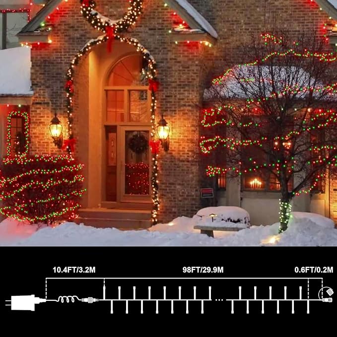 LAMPHOME 99ft Christmas Decorative Mini Lights, 300 LED Transparent Wire Fairy Starry String Light Plug in, 16Lighting Modes for Indoor Outdoor Xmas Tree Wedding Party Decoration (Red and Green)
