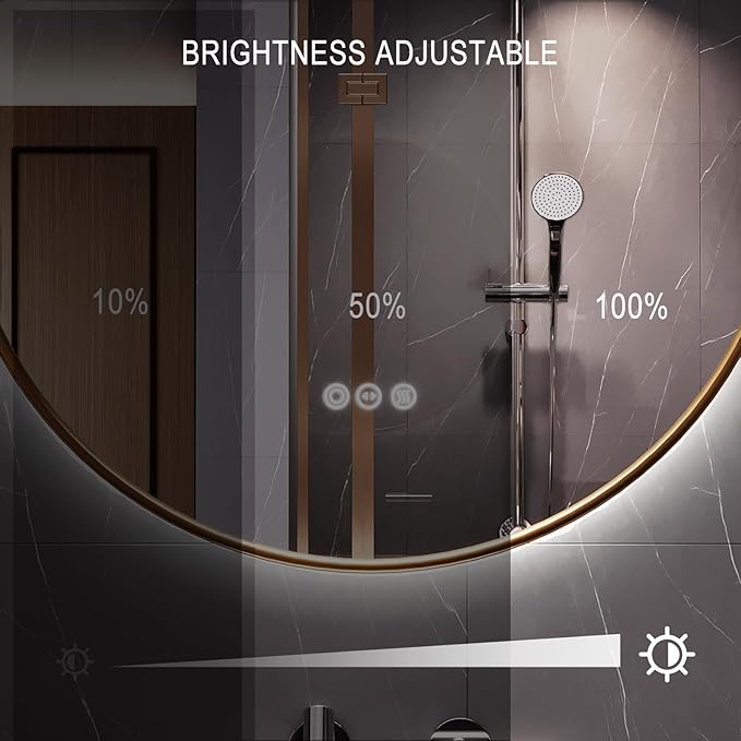 Round Bathroom Mirror with Lights, 32x32 Inch Vanity Mirror with Backlit, Anti-Fog, 3 Colors and Stepless Dimmable Wall Mounted Makeup Mirror with Metal Frame (Gold)