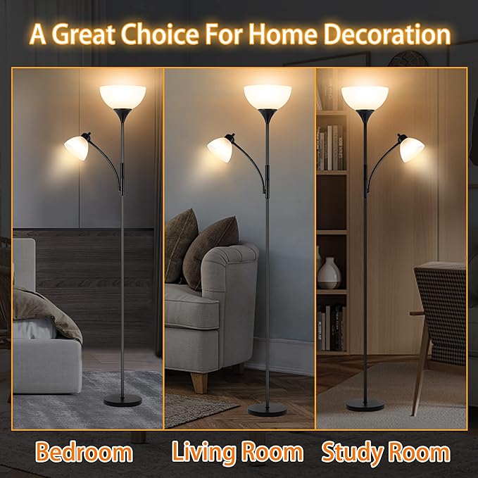 Floor Lamp, Dimmable Standing lamp, Stepless Dimming Brightness, Included 9W and 5W LED Bulbs, Industrial Floor Lamp for Living Room, Bedroom, Office, Reading