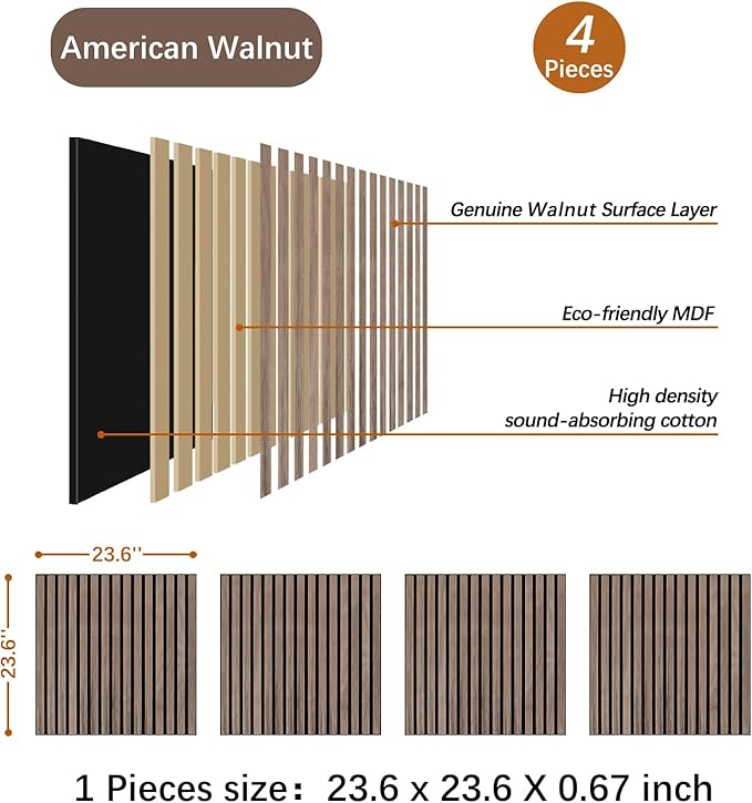 Wood Slat Wall Panel - 4 PCS Walnut Wood Panels for Wall, Natural Wood Veneer Acoustic Slat Wood Wall Panels - Wood Slats for Wall Soundproof Wood Panels 23.6" W x 23.6" L