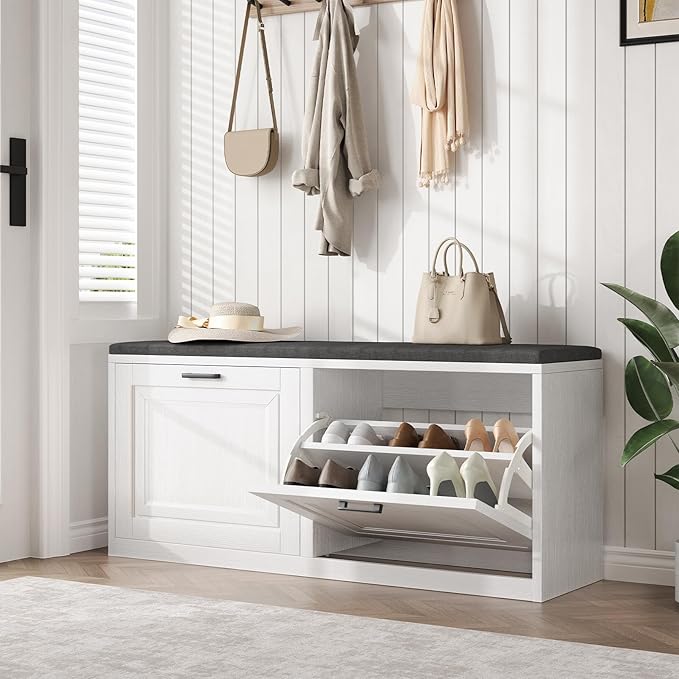 Shoe Storage Bench with Cushioned Seat, 2-Tier Entryway Bench with 2 Flip Drawers & Adjustable Shelves, 39.4" Shoe Rack Bench for Entryway, Living Room, Hallway (White)