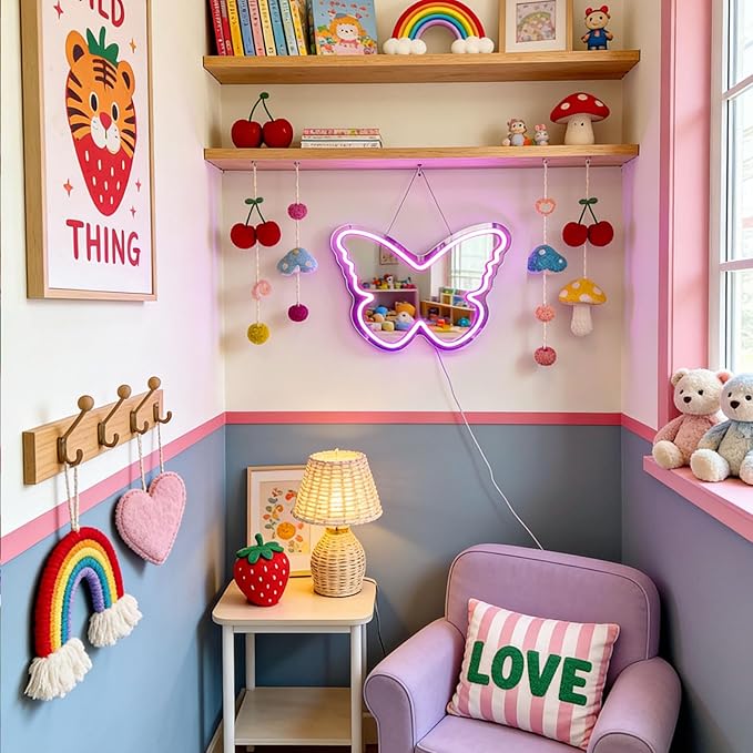 Butterfly Neon Sign with Mirror Backing - Dimmable LED Mirror Wall Decor for Girl's Bedroom, 16x12 Inch Glowing Purple Butterfly Vanity Mirror with Lights, USB Powered Kids Room Gift