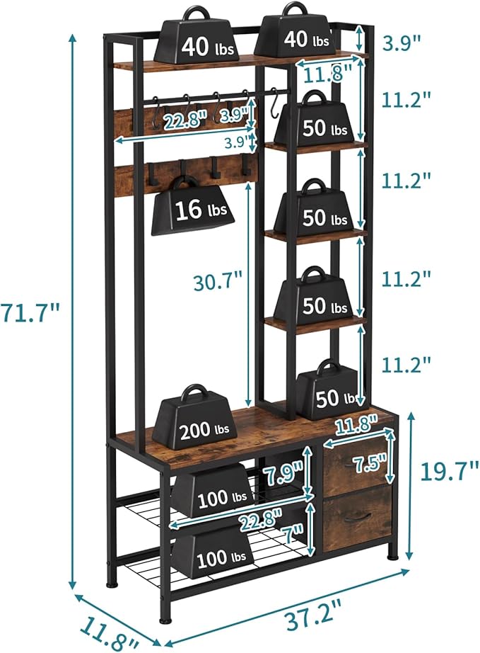 LUMTOK Hall Tree with Bench Storage and Shoes Storage, Hall Tree with Drawers and Shelves for Bedroom, 6-in-1 Entryway Organizer with Shelves, Living Room, Entryway, Closets (Rustic Brown)