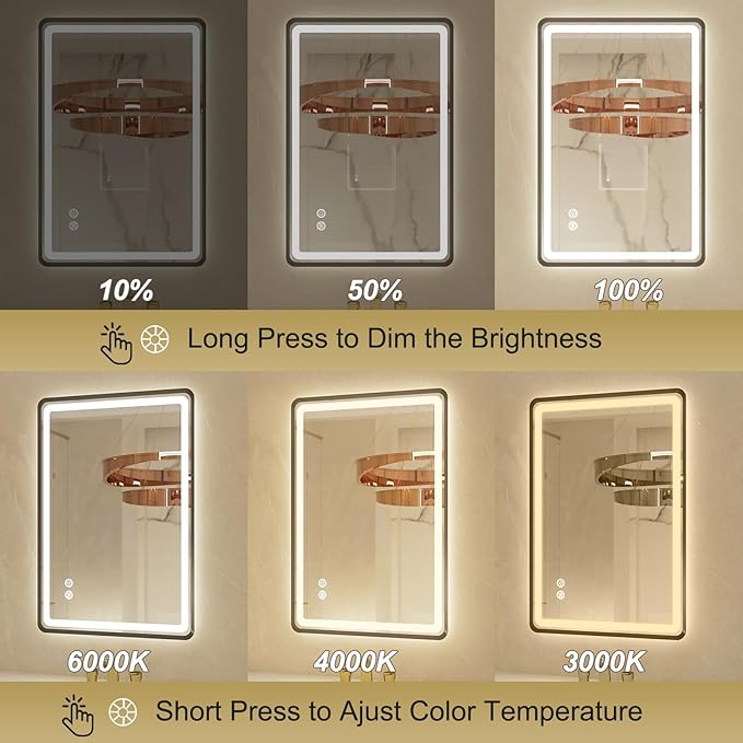 24x32 Inch LED Bathroom Mirror with Lights, Black Framed Bathroom Vanity Mirror with Frontlit & Backlit, Stepless Dimmable, Memory Functions, Anti-Fog, Wall Mounted, 3 Colors