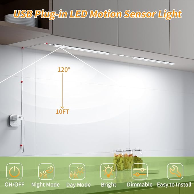 14" Slim USB Plug-in LED Motion Sensor Light Indoor, Bright & Dimmable Under Cabinet Light - 3 Modes (ON/Night/Day) for Kitchen, Cabinet, Closet - 4000K Neutral White, 1 Pack (2 Linkable)
