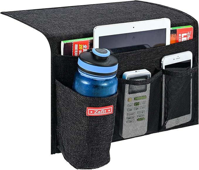 Linen 4 Pockets Bedside Caddy, Bedside Storage Organizer with Water Bottle Holder for Magazine, Remotes, Phone (Black)