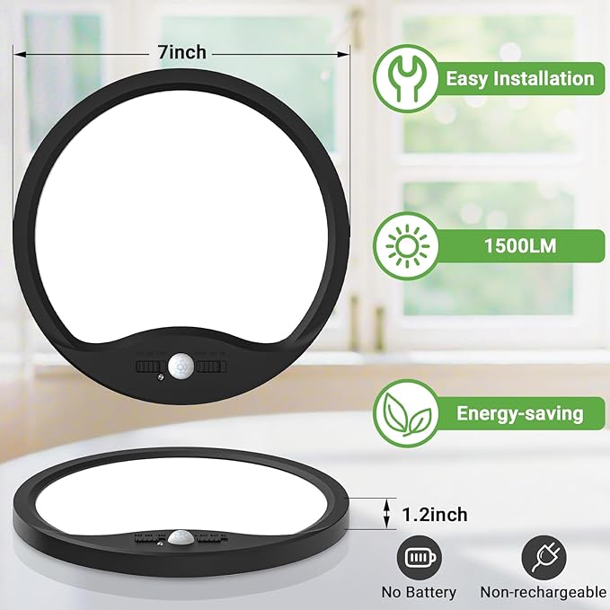 zemty 7inch Small Motion Sensor Ceiling Lights Wired, 15W 1500lm 3CCT/3 Mode/30-120s Timer, Bright Black LED Flush Mount Light Fixture Motion Activated for Closet Pantry Hallways Stairwells Garage