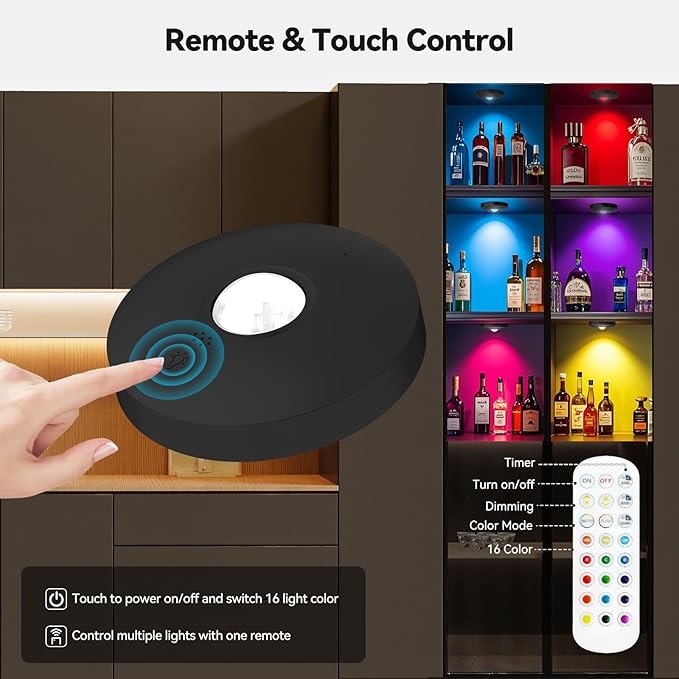 Rechargeable Puck Lights with Remote, 3 Pack Magnetic Under Cabinet Lighting, 1500mAh Battery Operated LED Tap Lights with Dimmer & Timmer for Kitchen, Closet, Shelf - 3 Color Temps & 12 RGB, Black