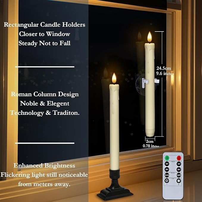Homemory 6 Pcs Window Candles with Remote Timer Dimmer, Christmas Candles for Window Battery Operated, Ivory Flameless Taper Candle with Holders and Suctions, LED Candlesticks for Xmas Holiday Decor