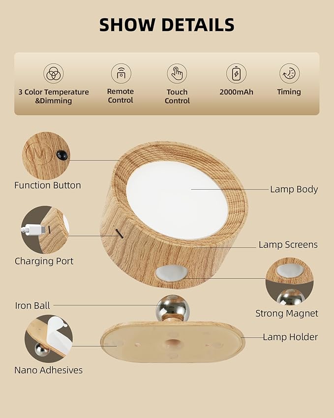 LED Wall Mounted Lights, Rechargeable Wall Sconces Lamp, 3 Color Temps & Remote and Touch, 360°Rotation Dimmable Cordless Wall Light for Study Bedroom Reading Bedside(Wood, 1 Pack)