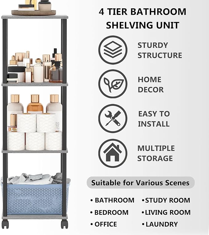 Bathroom Shelving Unit with Wheels, 4-Tier Narrow Open Floor Shelves, Metal Corner Slim Storage Rack for Bathroom Laundry Room Kitchen Living Room, Oak Grey