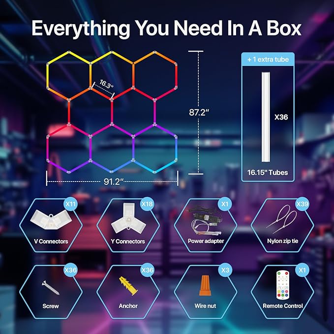 HYPERLITE Hexagon Garage Lights: 8 Grid Hexagon LED Lights with Music Sync Mode, App & Remote Control, Multi-Color Honeycomb Light for Gaming Room, Gym, Garage