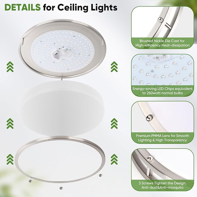 16in 50W LED Flush Mount Ceiling Lights 5600lm Super Bright, Dimmable LED Ceiling Light Fixtures 2700K-6500K 5CCT Adjusted, 2-Pack Modern Light Fixture Ceiling for Living Room Bedroom Kitchen , Nickle