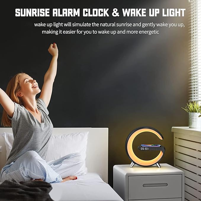 Smart LED Table Lamp,4 in 1 Night Light,Wireless Charger,Alarm Clock and Bluetooth Speaker with App Control Color Changing Atmosphere Table Lamp for Bedroom, Office, Home Decor