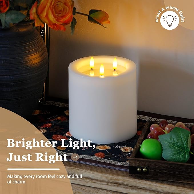 3-Wick 6"x6" Extra Large Real Wax Flameless Pillar Candles with Remote Control and Timer Function, Candle Grease White Battery Operated LED Flickering 3D-Wick (Long Lasting, Warm Fire)