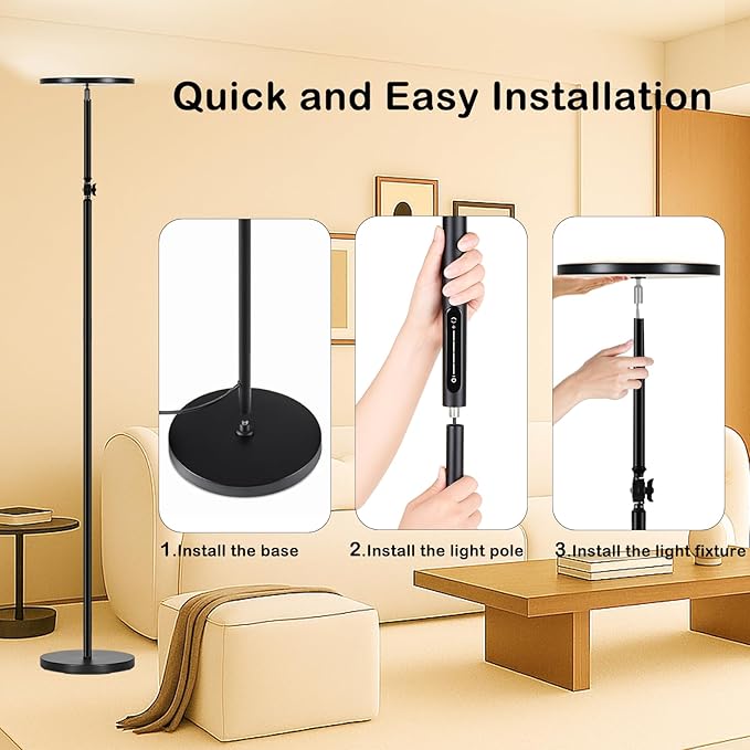 Floor Lamps for Living Room, 30W Super Bright LED Standing Lamp, Stepless Dimmable Tall Torchiere Lamp with Remote & Touch Control, Modern Floor Lamp for Bedroom & Office -Black