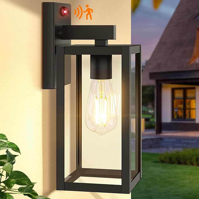 BesLowe Upgraded Motion Sensor Outdoor Wall Light, 13” Dusk to Dawn Porch Light Outdoor Wall Sconce Lantern, 3 Lighting Modes Exterior Lighting Fixture Wall Mount, Outside Light for House, Black