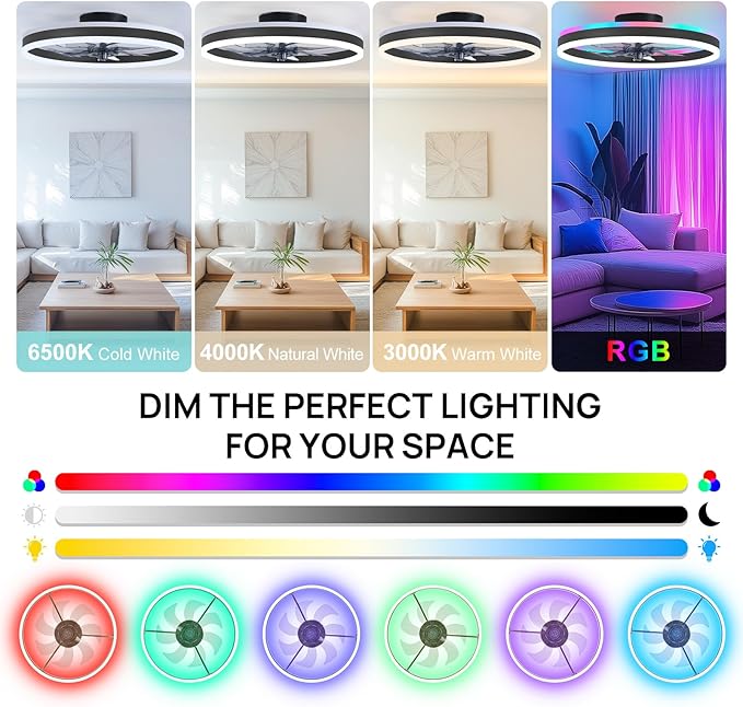 RGB Ceiling Fans with Lights, 20" Fandelier Low Profile Ceiling Fan with Light, Modern Flush Mount Ceiling Fan Light with Remote/APP Control, Bedroom Chandelier Fan Fixture for Indoor(Black)