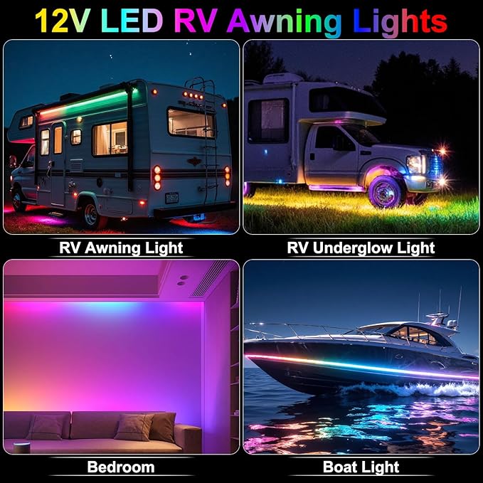 16.4FT RV Awning Lights with App / Remote Control, 12V Camper LED Light Strip with Music Sync, IP65 Waterproof Underglow LED Light Kit for Motorhome, Travel, Trailers, Outdoor Camping, Party BBQ