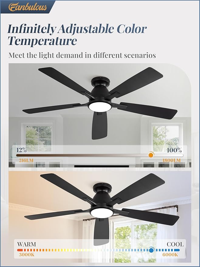 Fanbulous 52 inch Ceiling Fans with Lights, Smart Flush Mount Ceiling Fan and Remote APP, Modern Low Profile, 3CCT 20W LED with 6-Speeds Quiet Reversible Motor for Bedroom, Living Room, Kitchen, Black