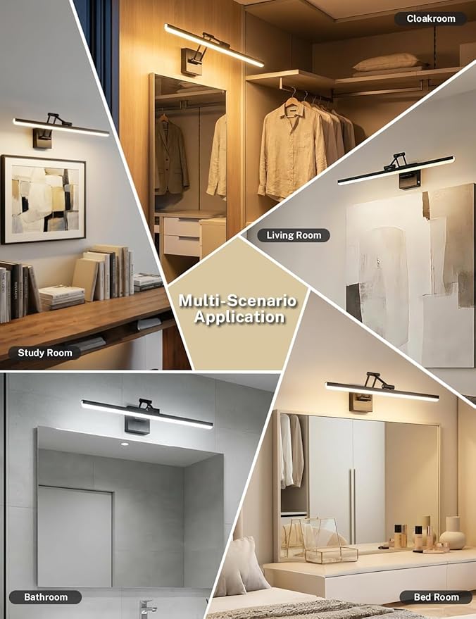 OSYNNIQ Bathroom Vanity Light, 24″ Wall Picture Art Modern Lighting Fixture Over Mirror LED Bar 3 Colors Dimmable Brightness Adjustment Rotatable Black Waterproof IP44 Wall Sconce for Makeup Shaving