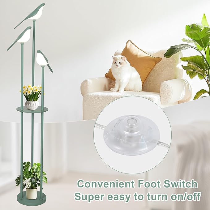 Bird Floor Lamp for Bedroom, Green Standing Lamps for Living Room, Corner Tall Lamp with Table, 3-Lights Vintage Floor Lamp, Modern Stand Up Lamp for Office, Girls Room, Unique Bird Lamps