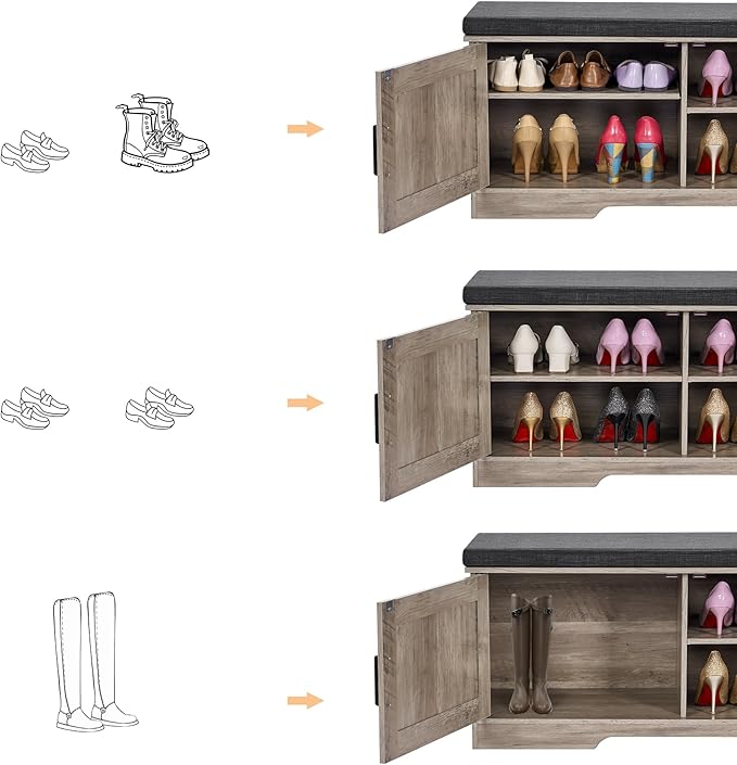 2-Tier Storage Bench, 39.4" Wide Shoe Bench with Padded Seat Cushion, Entryway Bench with 2 Barn Doors and Adjustable Shelf, Greige