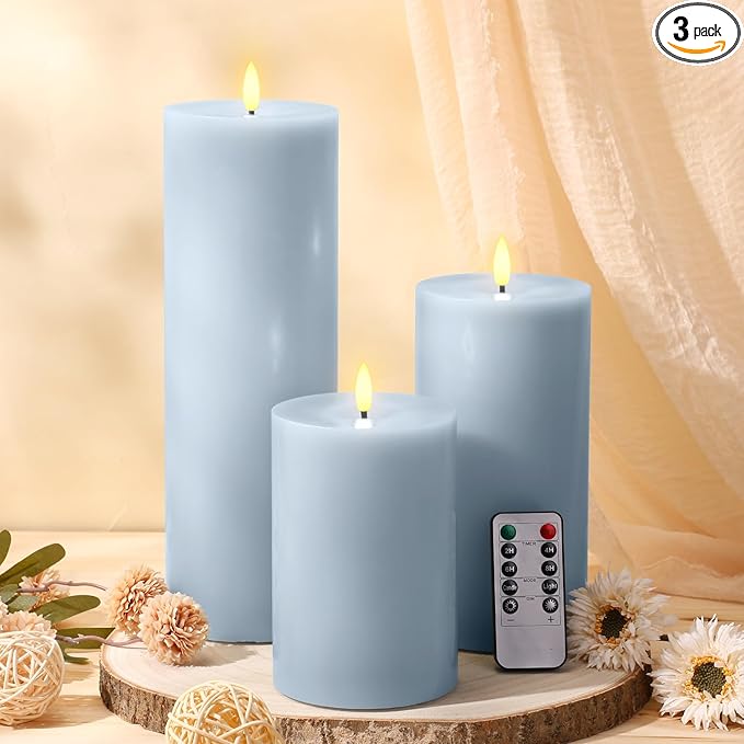 Retisee 3 Pcs Winter Light Blue Large Flameless LED Candles with Remote Spring Battery Operated Flickering Pillar Candles for Indoor Outdoor Party Wedding Light Decor(6''/8''/12''x4'')