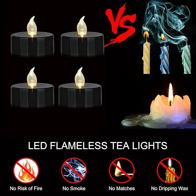 Battery Operated Tea Lights Candles: 24 Pack Realistic and Bright Flickering Holiday Gift Flameless Candles LED Electric Tea Candles for Seasonal & Festival Party Home Decoration Black