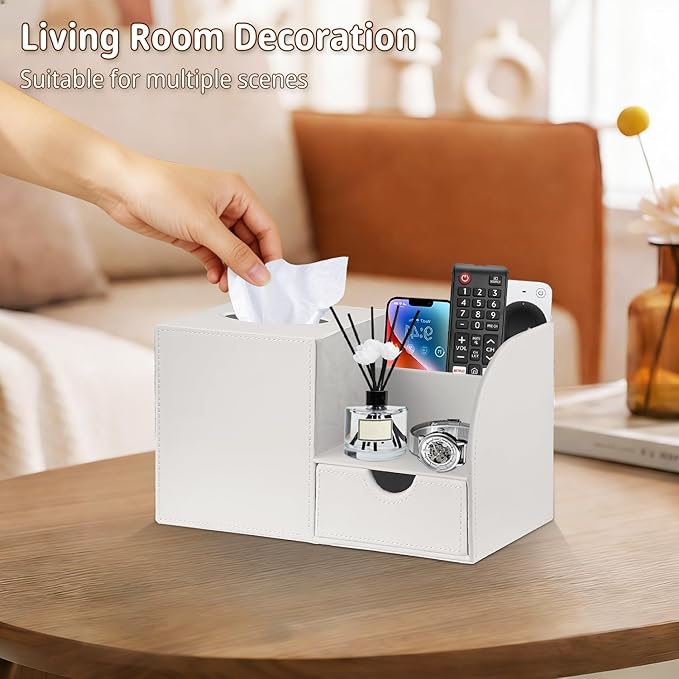 PUSU Square Tissue Box Cover with Storage Drawer, PU Leather Facial Tissues Cube Boxes Holder, Modern Makeup Remote Control Holder, Nightstand Organizer Caddy for Bathroom Vanity, Office, Home Decor