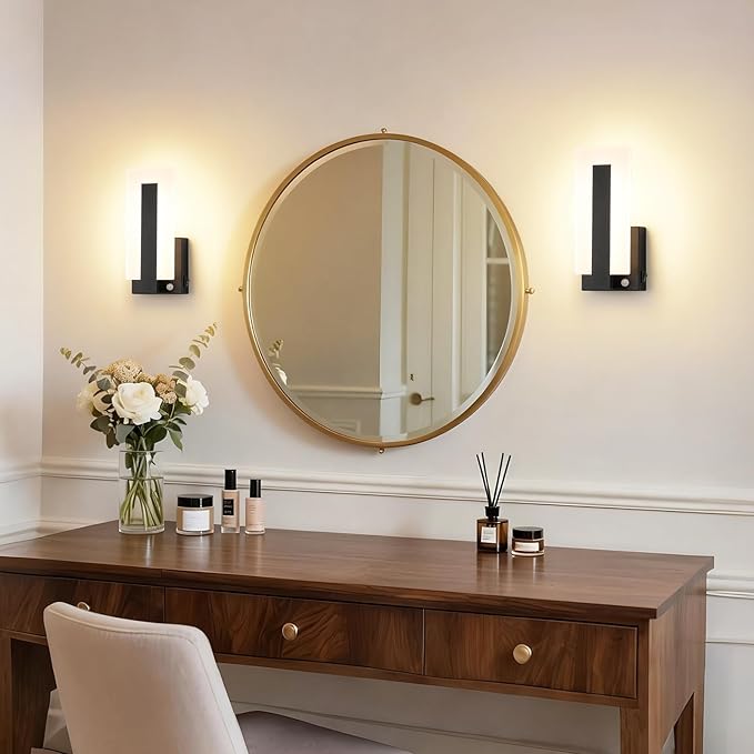 Joosenhouse Wall Sconces Set of Two Hardwired, Motion Sensor Wall Lights for Bedroom Living Room Hallway, TRIAC Dimmable 3000K Warm White, Modern Black Metal Acrylic Wall Lamp Fixtures