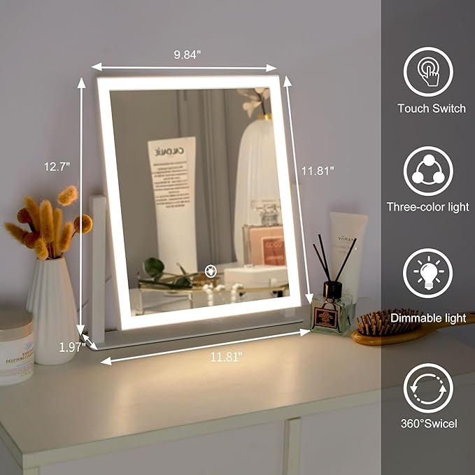 Lighted Makeup Mirror, Hollywood Vanity Mirror with Lights, Three Color Lighting Modes, Smart Touch Control, Rotation, Desk Makeup Mirror for Desks Bedroom Dorm Dressing Room (9.48"x11.81")