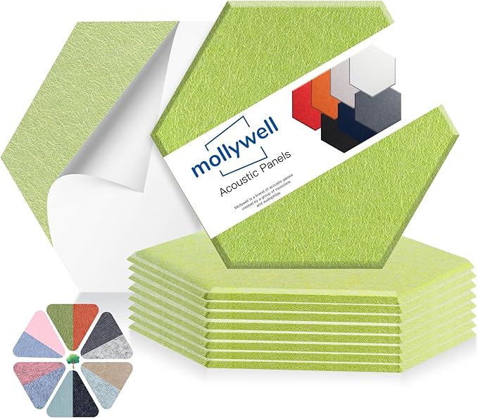 Mollywell Hexagon Acoustic Panels 14x12 - Reduce Echo & Reverb, Noise Blocking Wall Tiles for Living Room & Nursery, Fruit Green Sound Absorbing Panels