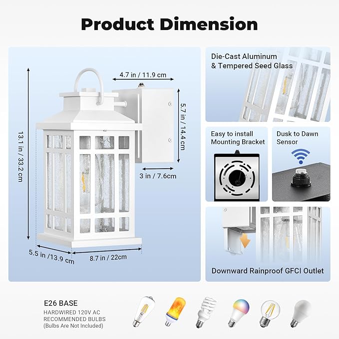 Outdoor Wall Light with GFCI Outlet, White 2-Pack Outside Lanterns for Porch Wall Mount, Dusk to Dawn Outdoor Lighting for House, Garage, Entryway, Doorway, Aluminum Waterproof and Anti-Rust
