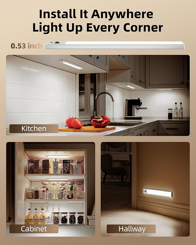 EZVALO 3-Pack Under Cabinet Lighting, 3300mAh Rechargeable Motion Sensor Light, 12inch Magnetic Closet Lights with Dimmable & 3 Color Temps, Wireless Motion Activated Lights with Remote for Kitchen