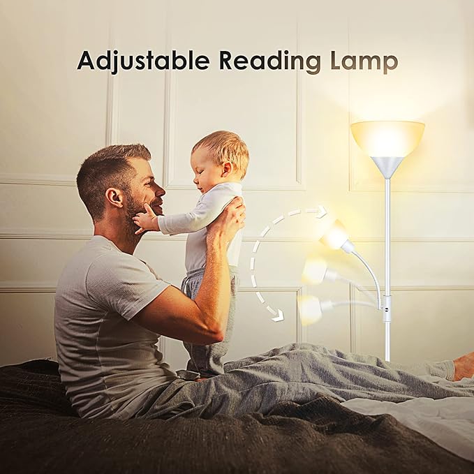 Torchiere Floor Lamps for Living Room, Standing Lamp, 71" Tall Pole Lamps with Adjustable Reading Light, 3-Way Rotary Switch, Plastic Shade, Bright Torch Corner Lamp for Bedroom, White(E26, No Bulb)