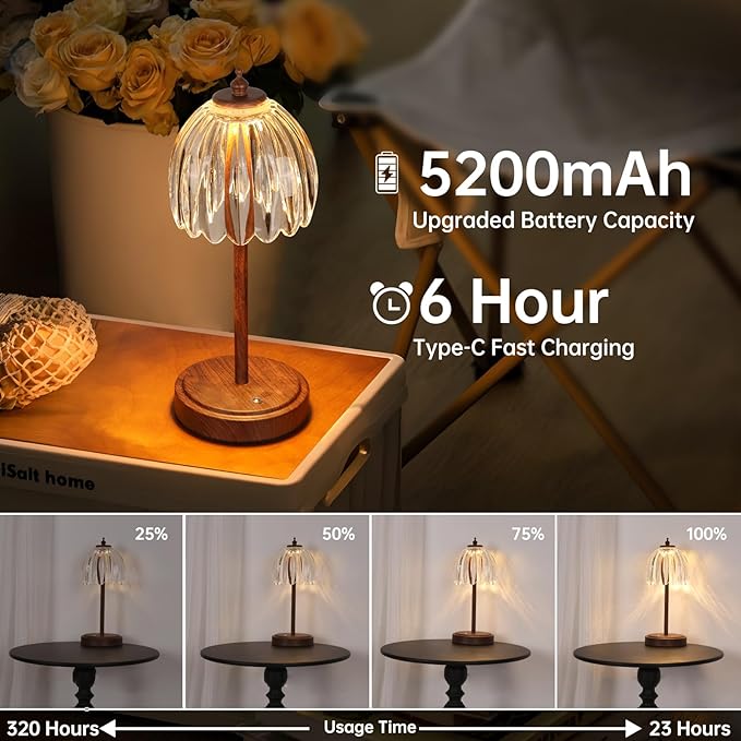 Tulip Table Lamp with 5200mAh Battery & Touch Control, Small Cordless Table Lamp with 3 Colors, Rechargeable Battery Operated Table Lamps for Bedroom, Desk, Bedside (Transparent-Walnut Color)