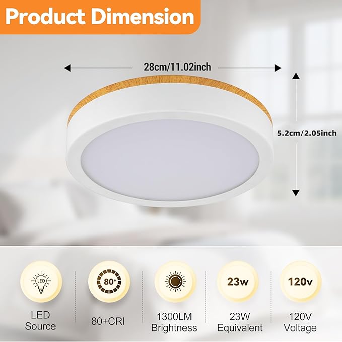 11" Minimalist Modern LED Ceiling Light, Painted Wood Grain Flush Mount with 5CCT 2700K-5000K, Dimmable LED Light Fixtures Ceiling Mount for Kitchen Bathroom Bedroom Hallway, 2 Packs