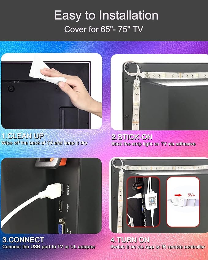 GUPUP Color Changing Bluetooth LED Lights for TV, Smart App Control with 15ft Strip - USB Powered Backlight for Bedroom, Gaming Room, PC, Mirror, Fits 55-75 Inch TVs,15ft
