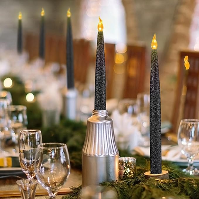 FURORA LIGHTING Black Glittery LED Taper Candles Pack of 4, Flameless Flickering Taper Candles with Timer for Home Décor Holiday Décor, Battery Operated
