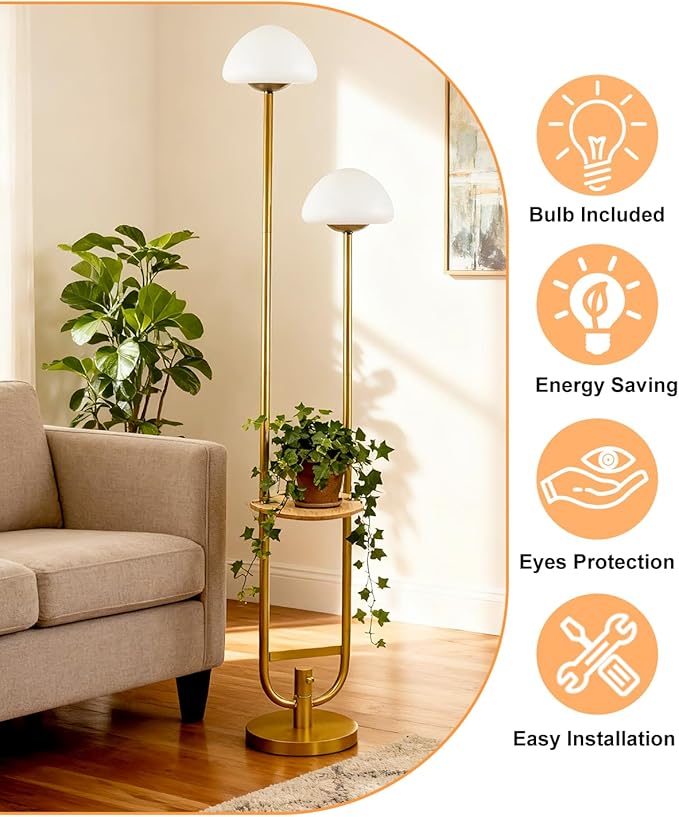 Lightdot 63IN Gold Dimmable Floor Lamp with Table& Mushroom Shades, Modern Mid Century Standing Lamps with Bulbs Included, Unique Vintage Tall Floor Lamp for Living Room/Sofa Beside/Corner Decor