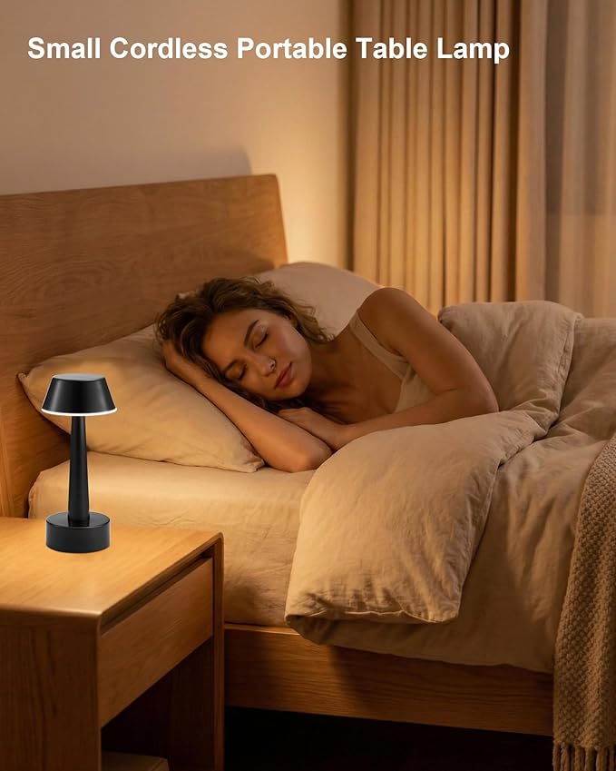 Cordless Rechargeable Table Lamp Small Battery Operated Lamp for Restaurant, 3 Color Stepless Dimmable LED Touch Lamp Portable Night Lights for Bedside Living Room Kitchen Bar Outdoor Patio Décor