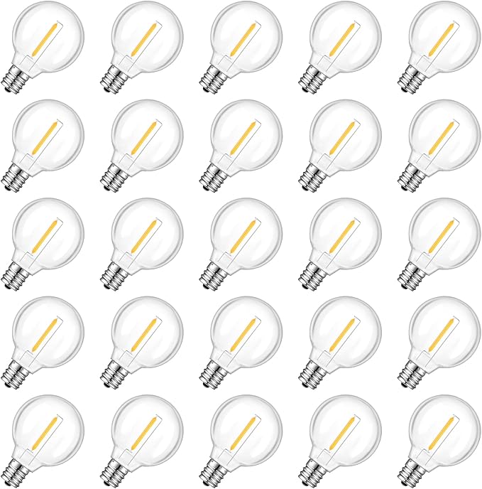 25 Pack G40 LED Replacement Light Bulbs, Waterproof Clear Globe Light Bulb E12 Screw Base for Outdoor String Lights, Patio Cafe Décor, Dimmable, Warm White