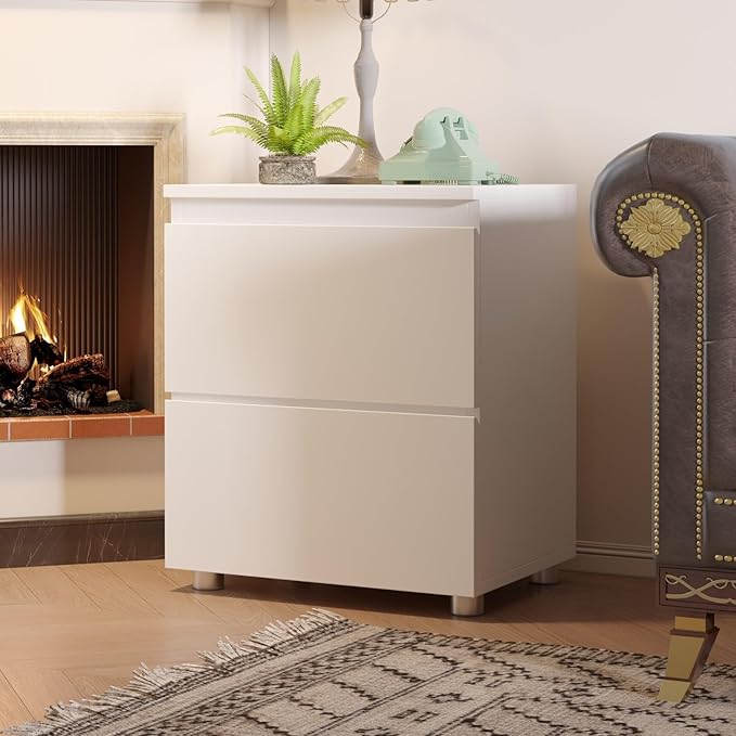 FAMAPY Modern Nightstand with 2 Drawers, Bedroom Storage Cabinet, Modern End Side Table, No Handle Design, for Living Room White 15.7”W x 11.6”D x 18.9”H