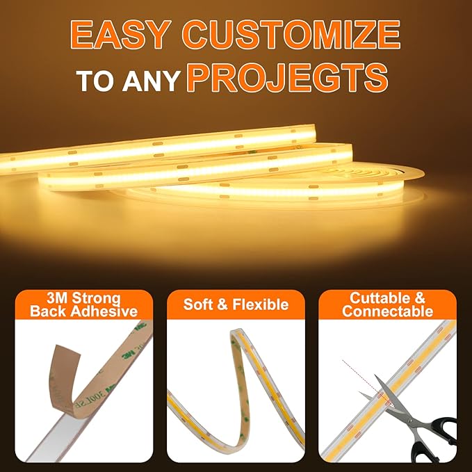 IP68 Waterproof COB LED Strip Light, 16.4FT 24V 3000K 480 LEDs/m CRI>90, Flexible Cuttable Tape Light for Outdoor Bathroom Swimming Pool Decoration (No Power Supply)