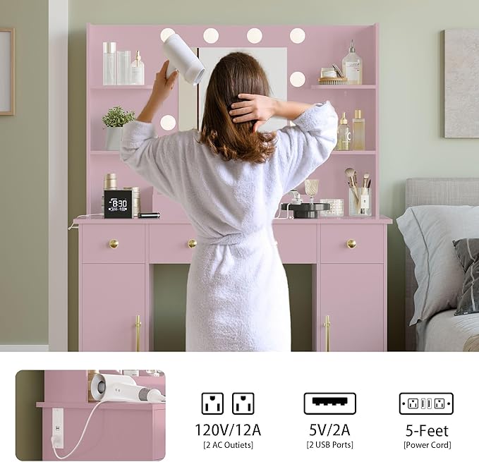 Makeup Vanity Desk with Mirror and Lights, 43" Pink Vanity Set with 3 Drawers, Power Outlet & Adjustable RGB LED Lights, Dressing Table with Storage Shelf for Women & Girls Bedroom