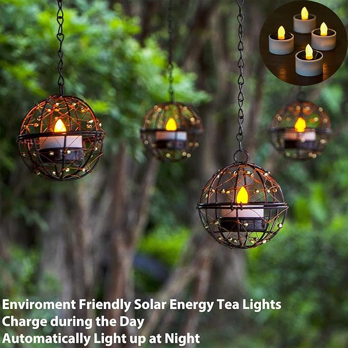 Outdoor Solar Hanging Lanterns Waterproof, Globe Hanging Candle Holder with Flickering Solar Powered Tea Lights, Chargeable Chandelier Light for Backyard Patio Garden Fence Tree Decoration-4Pack